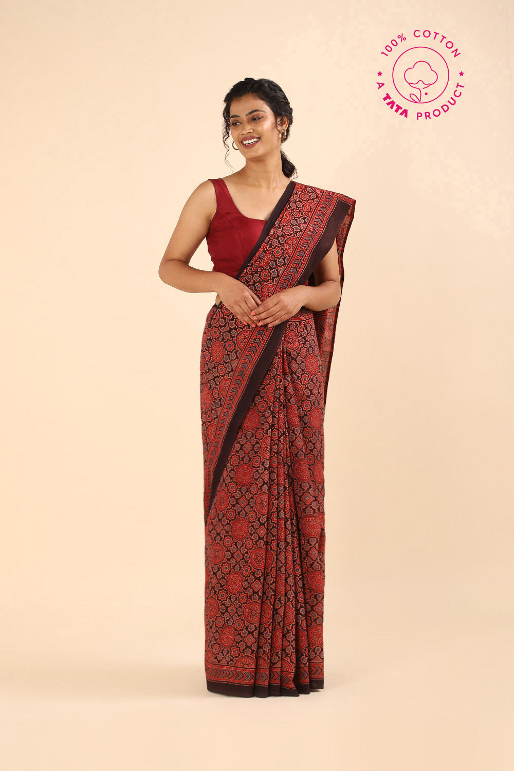 Red Pure Cotton Ajrakh Printed Saree image number null