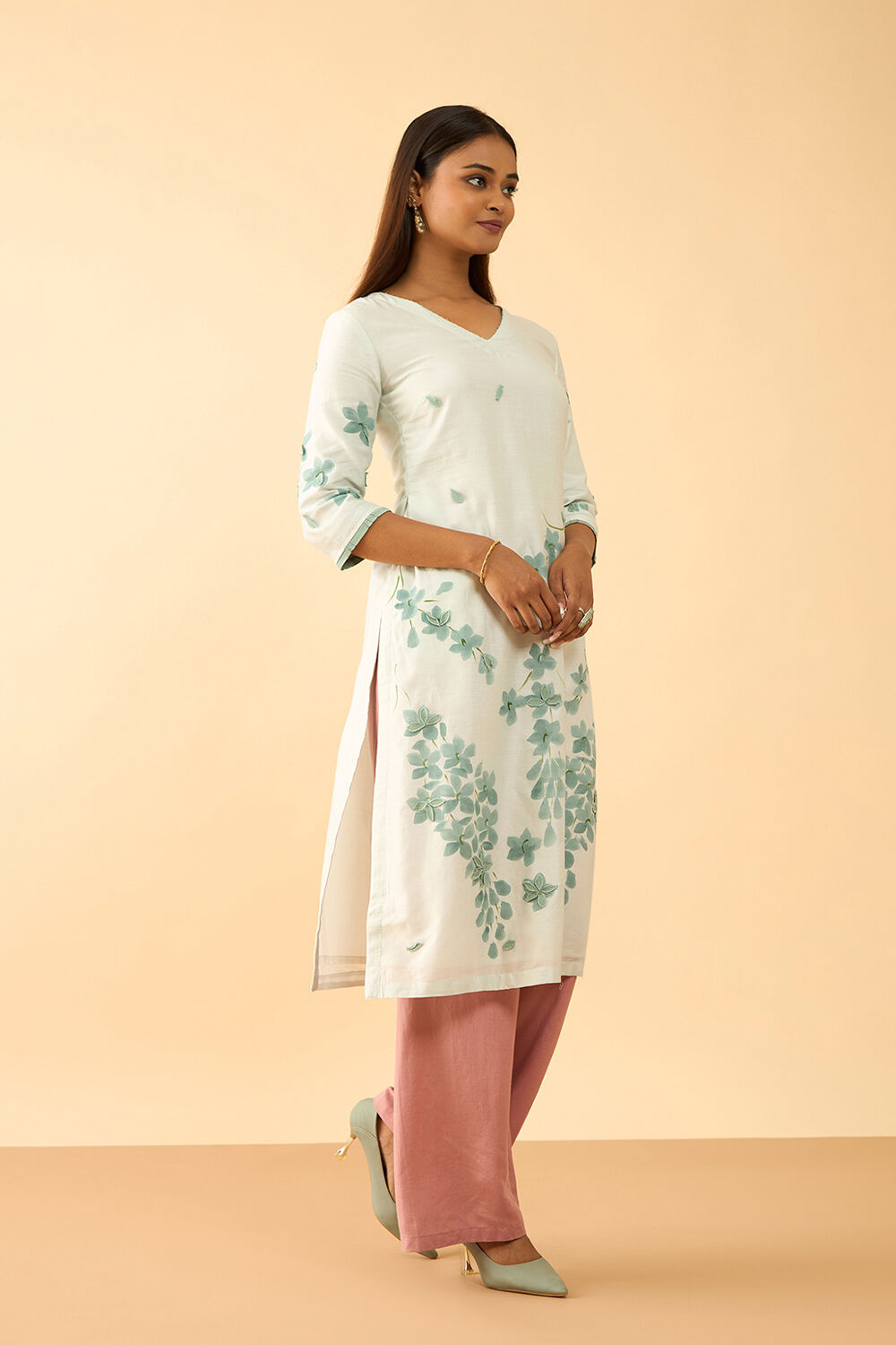 Light Blue Pure Silk Cotton Hand Painted Kurta image number null