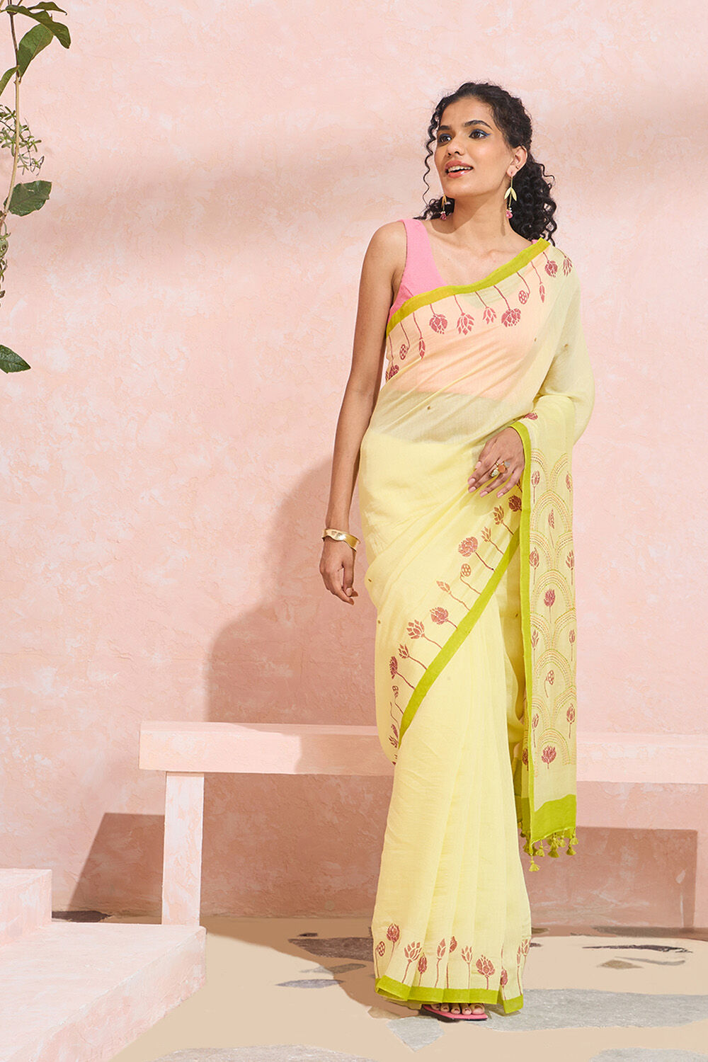 Light Yellow Bengal Silk Viscose Printed Embroidered Saree image number null