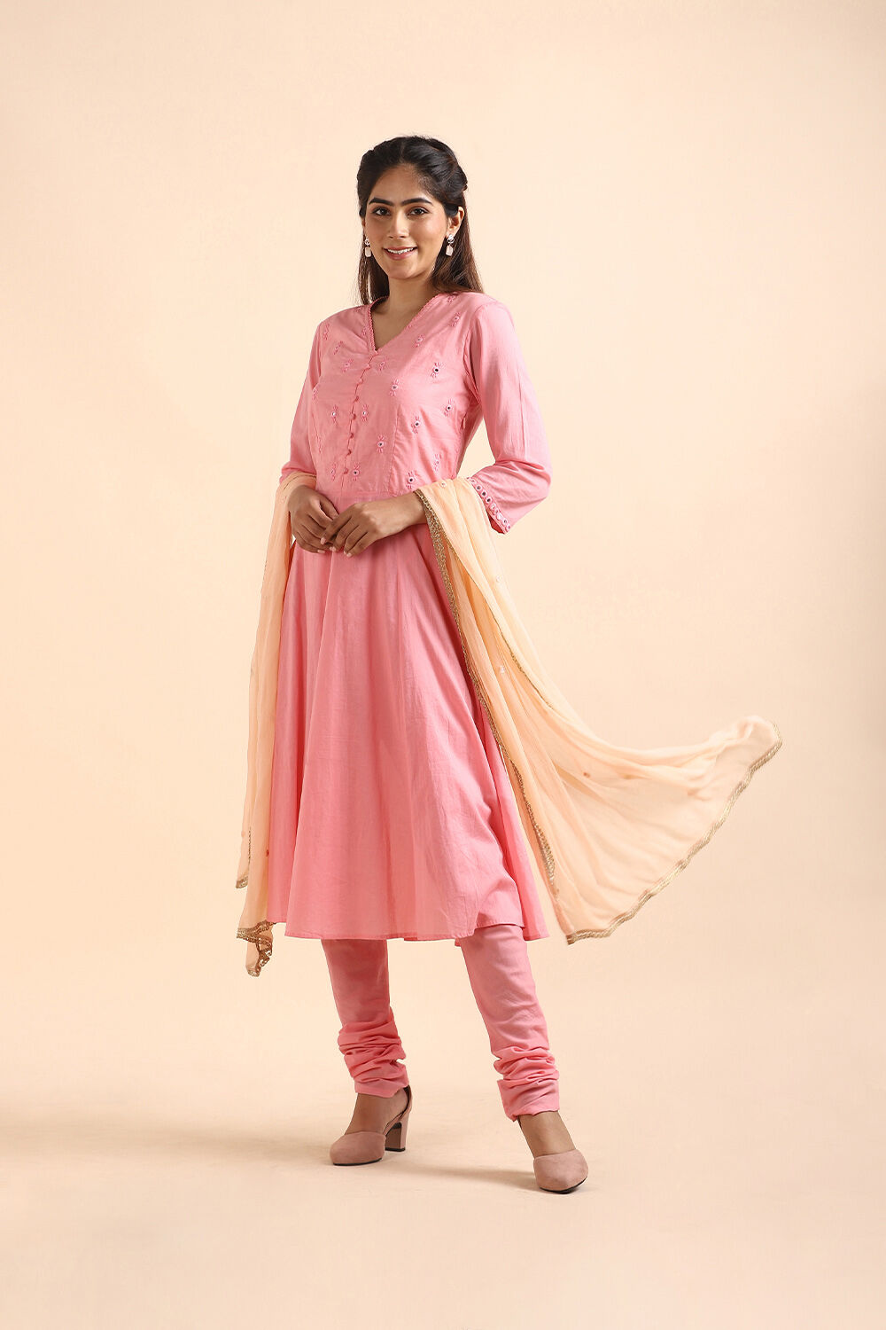 Light Pink Shisha Embroidered Cotton Kurta Set image number null