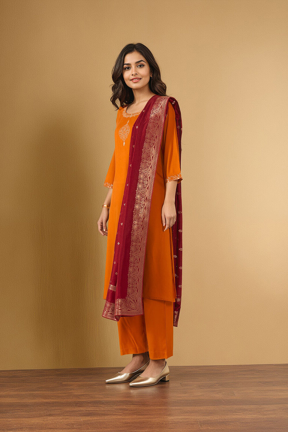 Orange Viscose Embroidered Kurta Set image number null