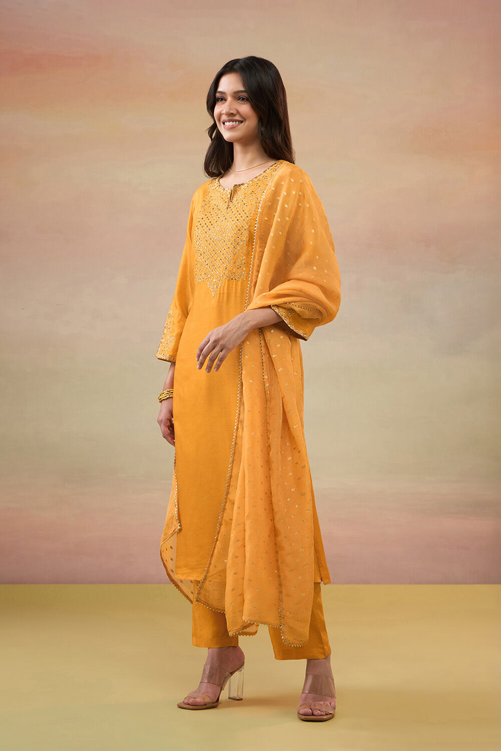 Orange Pure Viscose Embroidered Kurta Set image number null