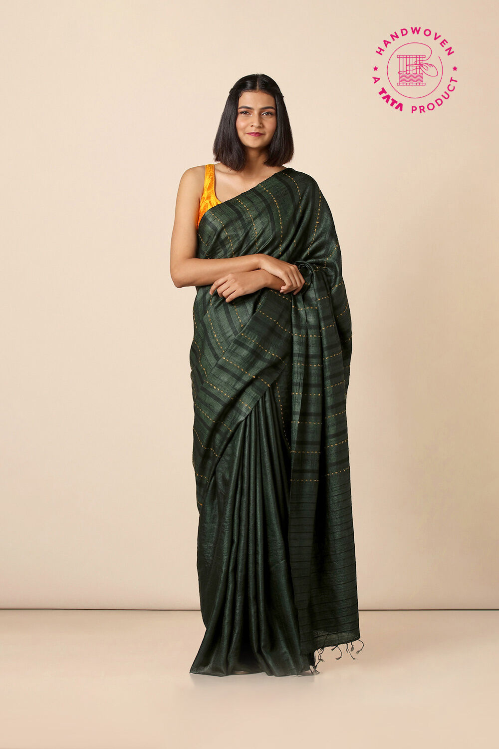 Dark Green Handwoven Pure Tussar Silk Saree image number null