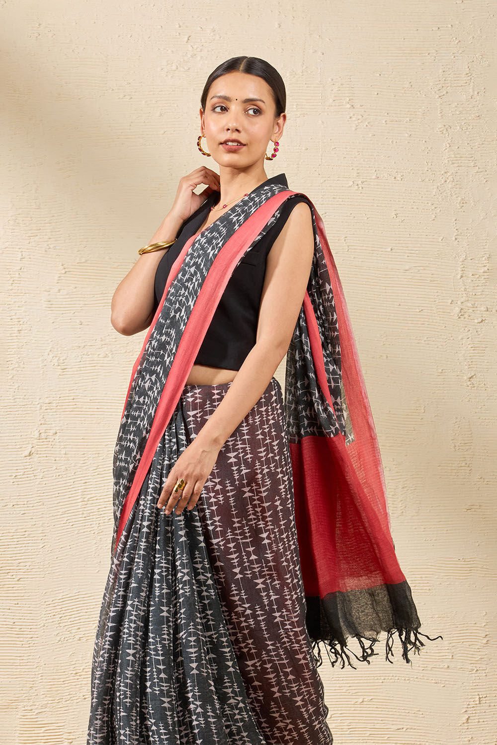 Black Screen Printed Pure Linen Saree image number null