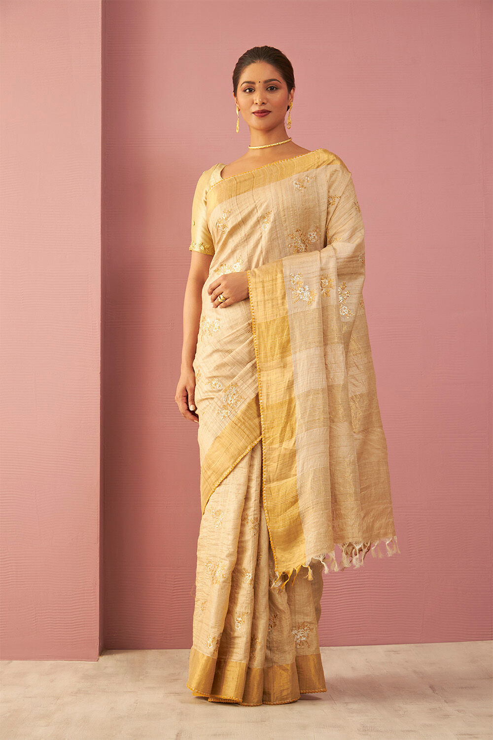 Beige Pure Tussar Silk Embroidered Saree image number null
