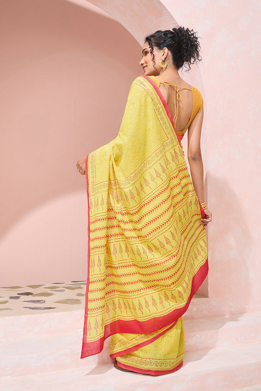 Yellow Pure Cotton Mulmul Block Printed Bengal Saree image number null