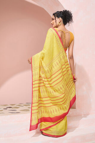 Yellow Pure Cotton Mulmul Block Printed Bengal Saree thumbnail image number null