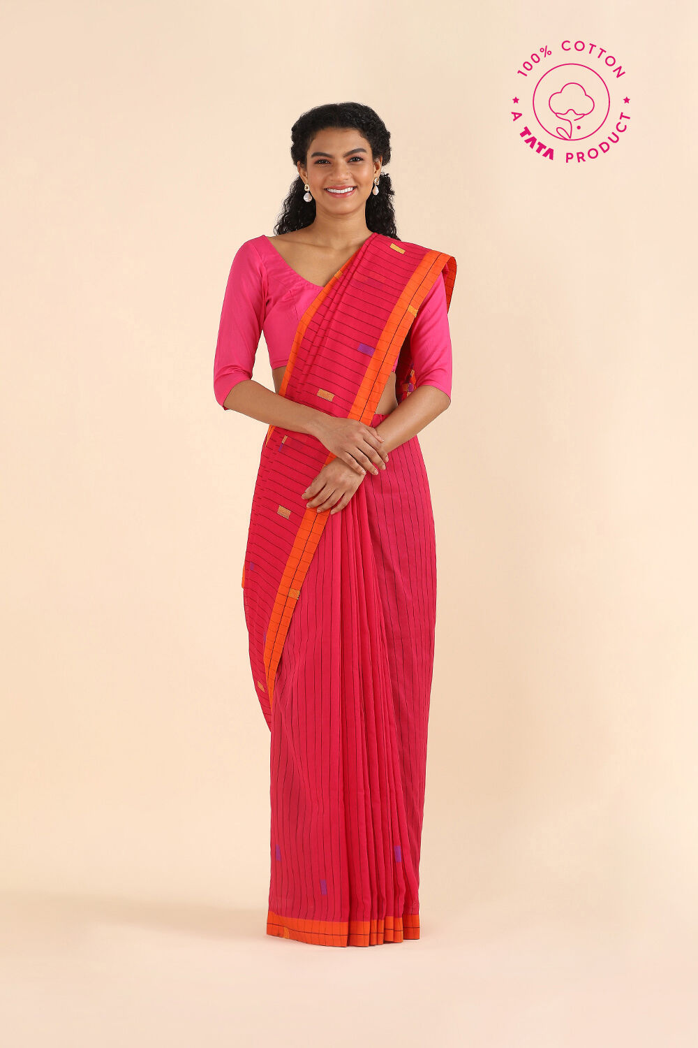 Dark Pure Pink Cotton Jamdani Saree image number null