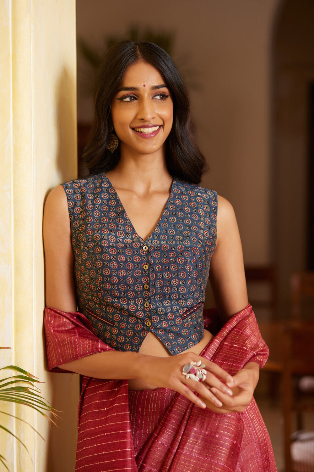 Blue Pure Silk Cotton Printed Embroidery Blouse image number null