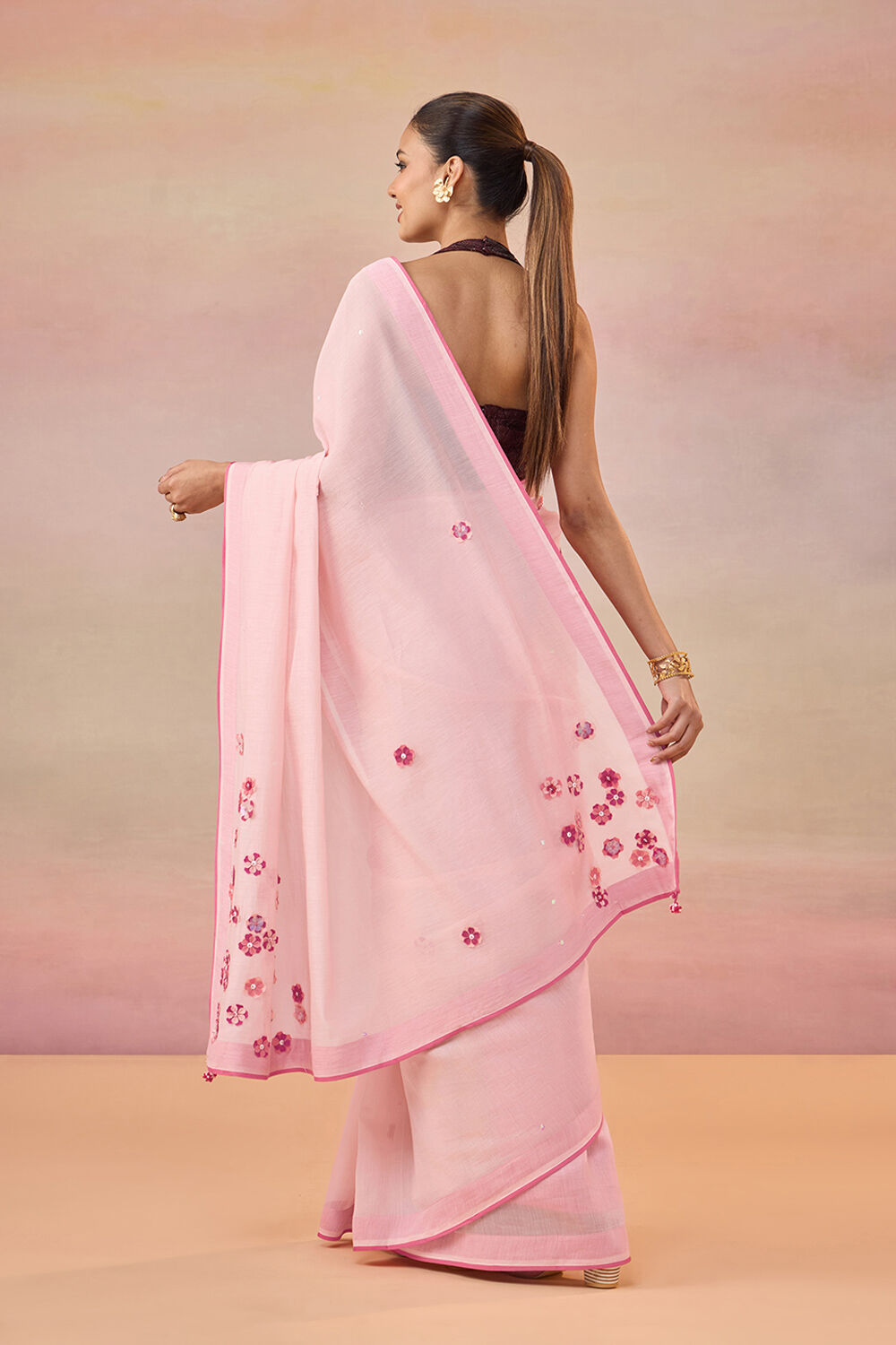 Light Pink Pure Silk Cotton Applique Embroidered Saree image number null