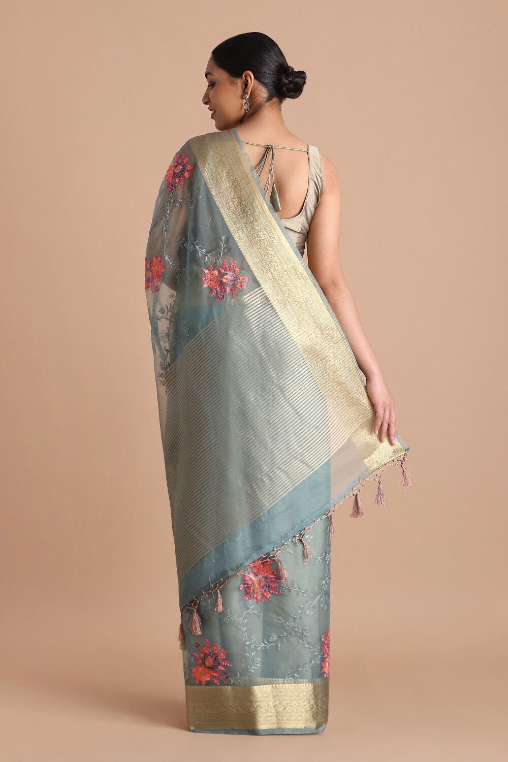 Blue Pure Embroidered Saree image number null