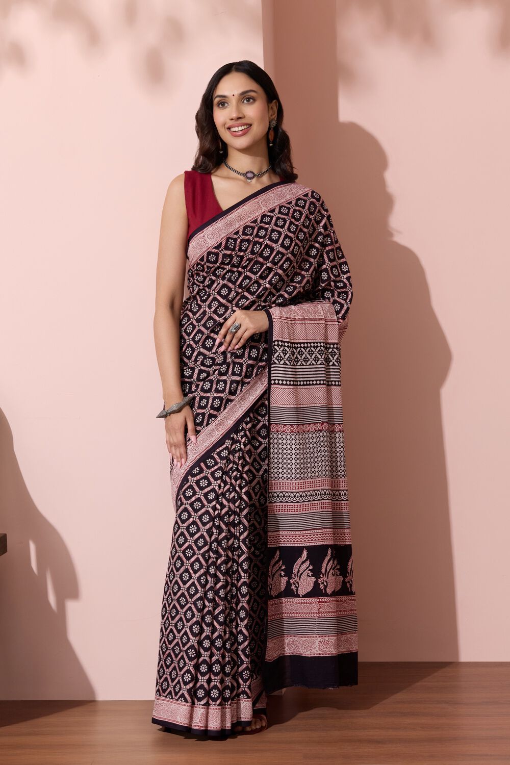 Black Bagh Block Printed Pure Cotton Saree image number null