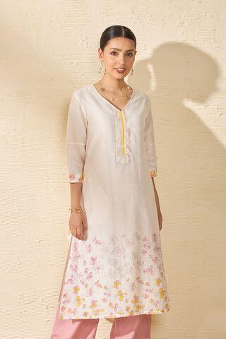 Off White Pure Silk Cotton Printed Sanganeri Kurta image number