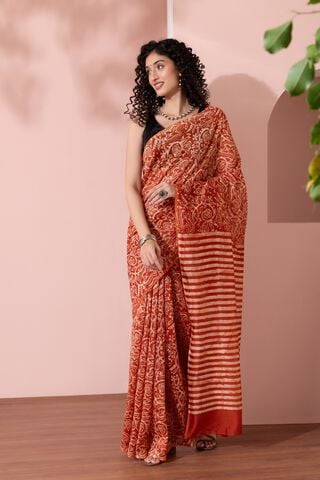 Dark Orange Ujjain Batik Pure Silk Cotton Saree image number