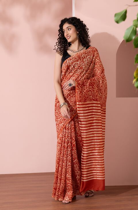 Dark Orange Ujjain Batik Pure Silk Cotton Saree