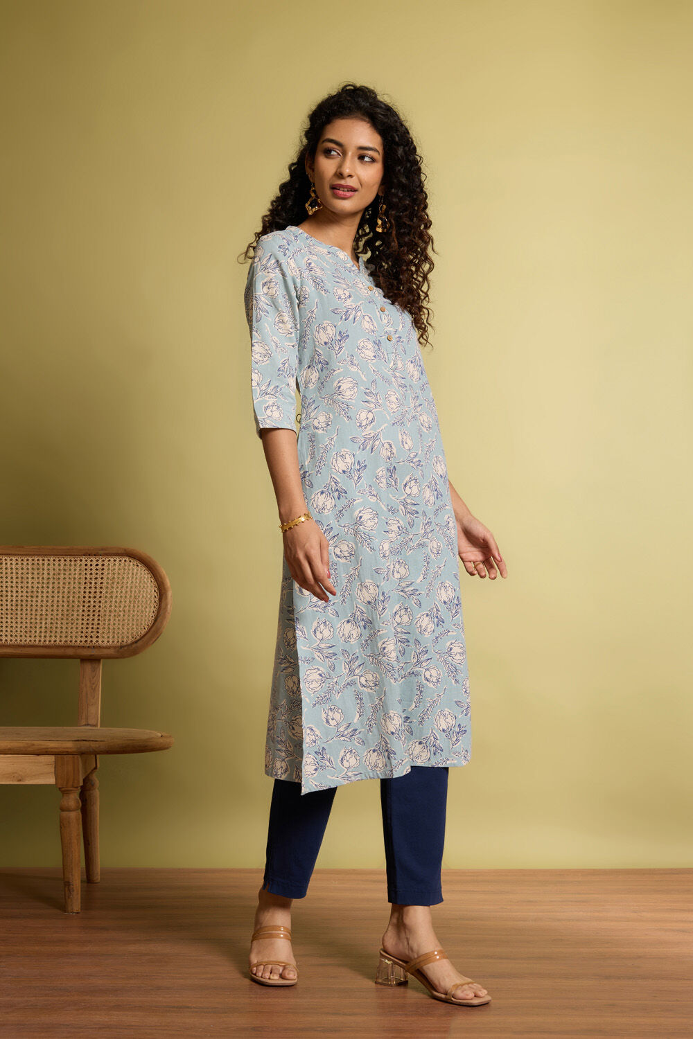 Light Blue Screen Printed Pure Cotton Linen Kurta image number null