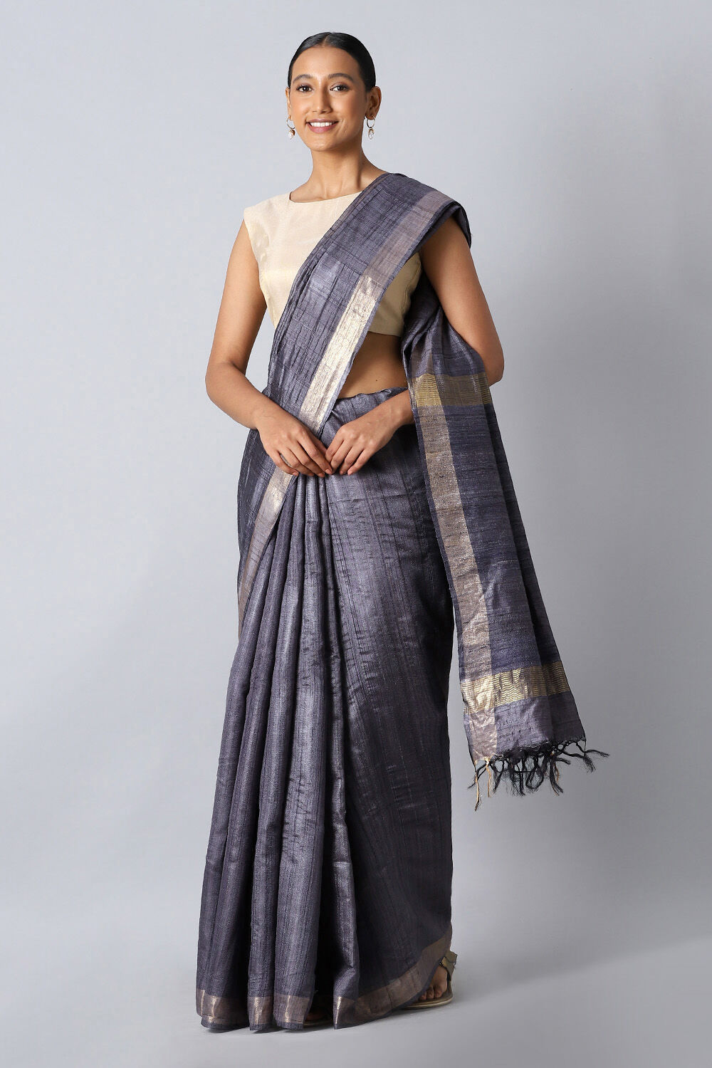 Dark Blue Pure Tussar Silk Bhagalpuri Saree image number null