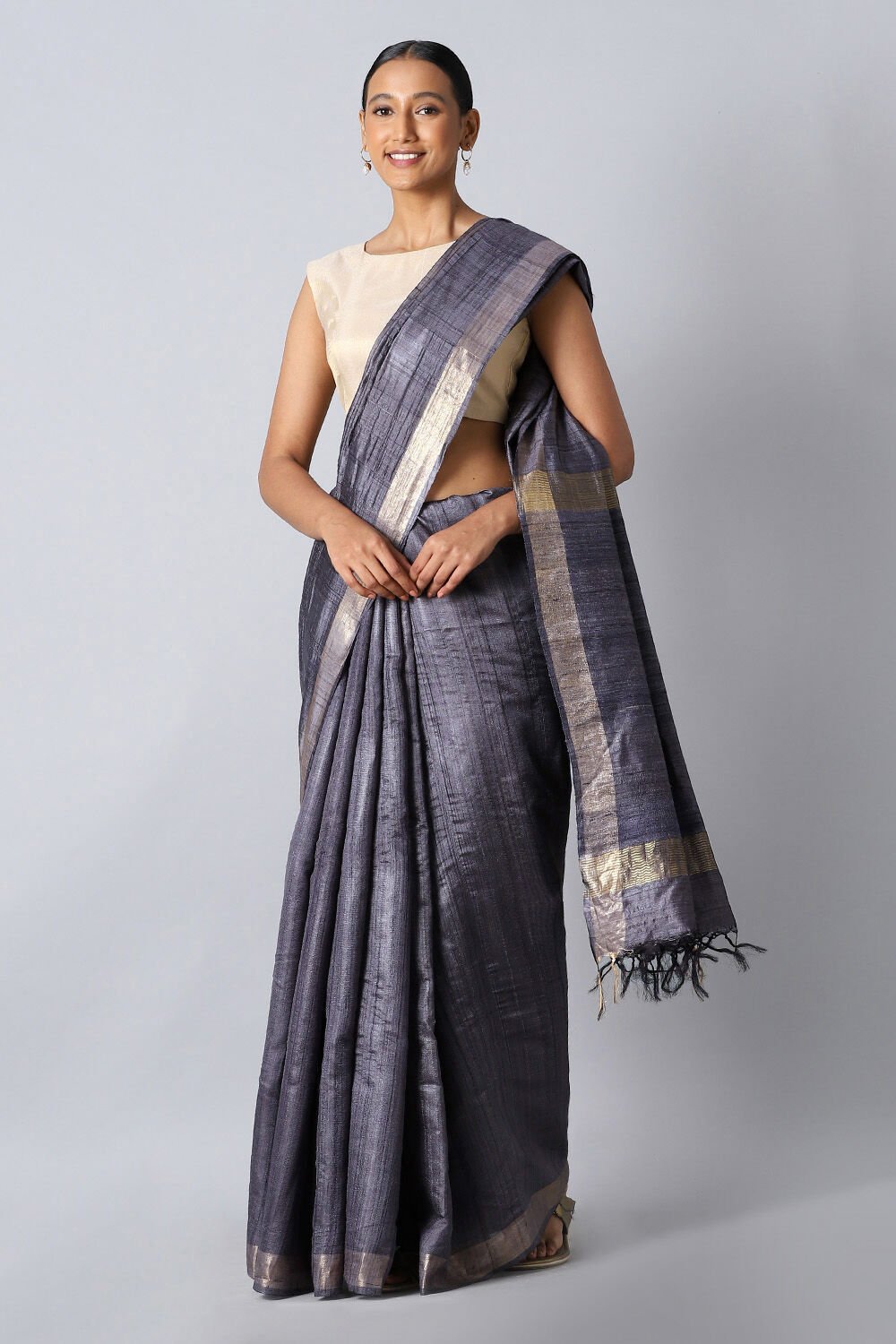 Dark Blue Pure Tussar Silk Bhagalpuri Saree image number null