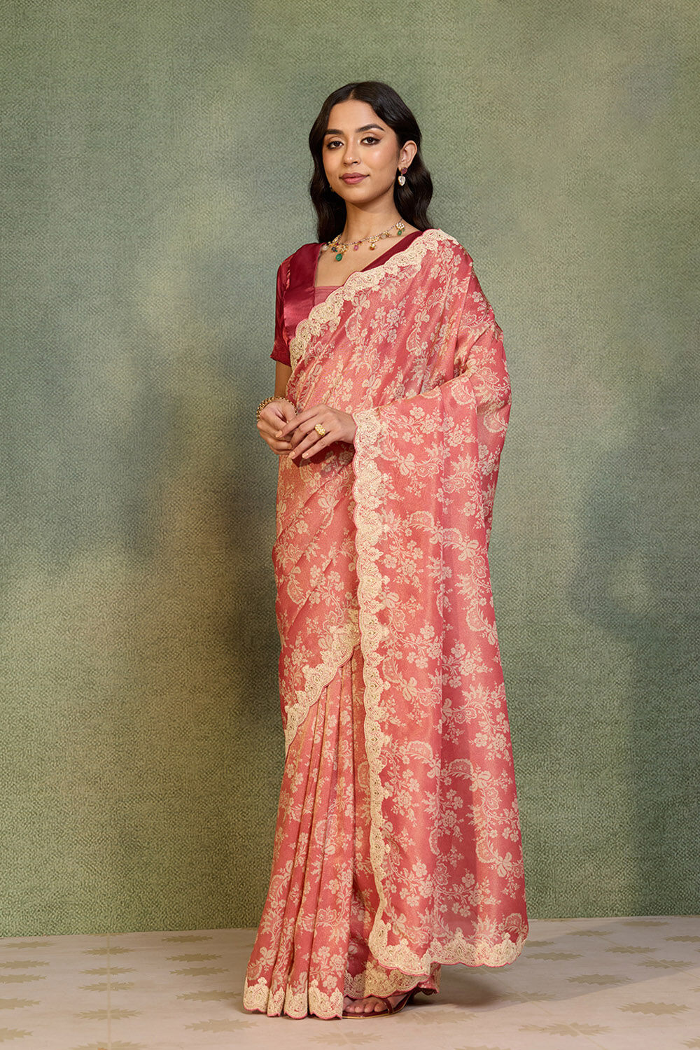 Light Red Viscose Tissue Embroidered Saree image number null