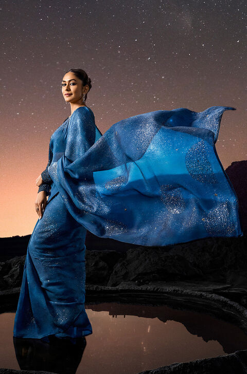 Dark Blue Pure Silk Organza Embroidered Saree