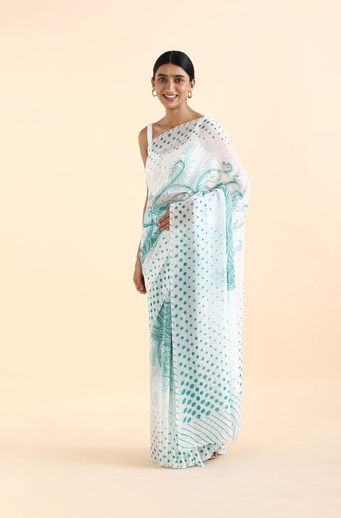 White Viscose Georgette Printed Saree