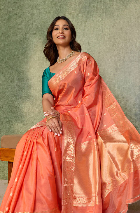 Orange Silk Viscose Cutwork Banarasi Saree