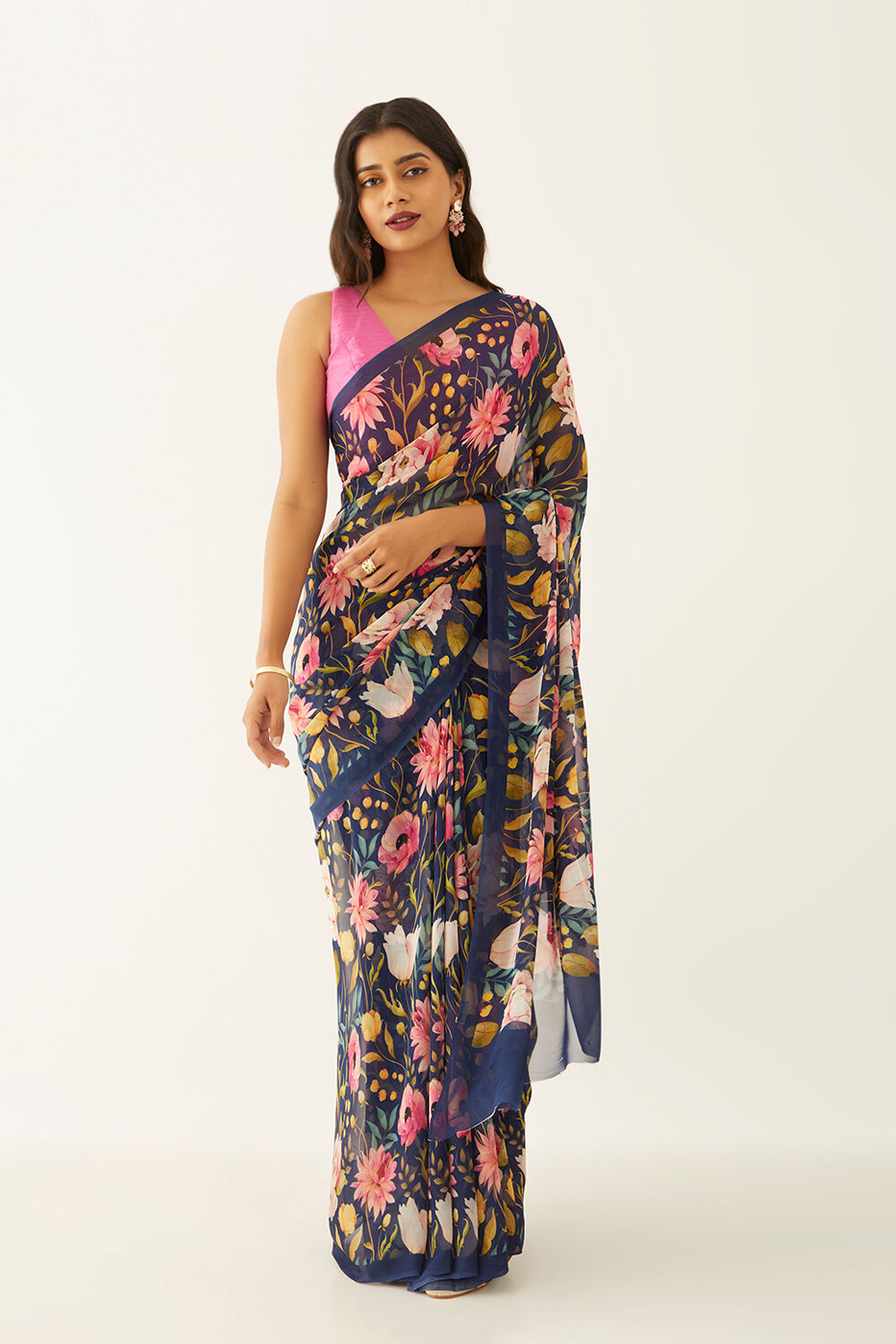 Blue Viscose Georgette Digital Print Saree image number null
