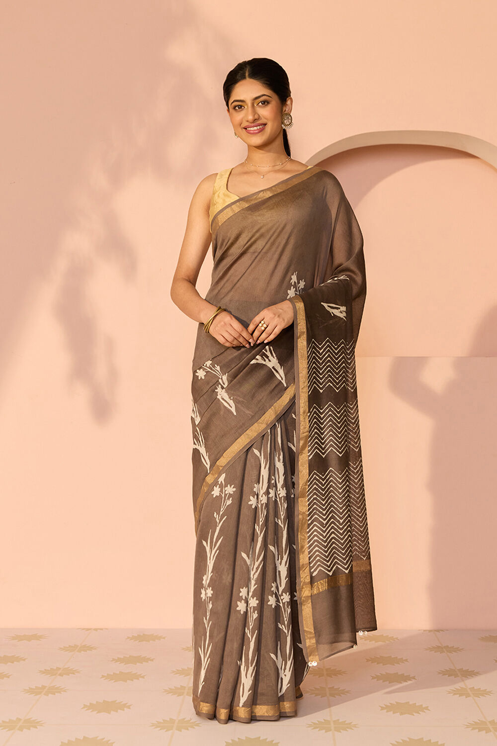 Grey Bagru Bagru Block Printed Pure Silk Cotton Saree image number null