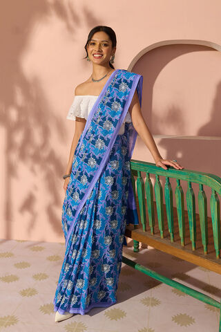 Blue Bengal Screen Printed Pure Cotton Mulmul Saree image number