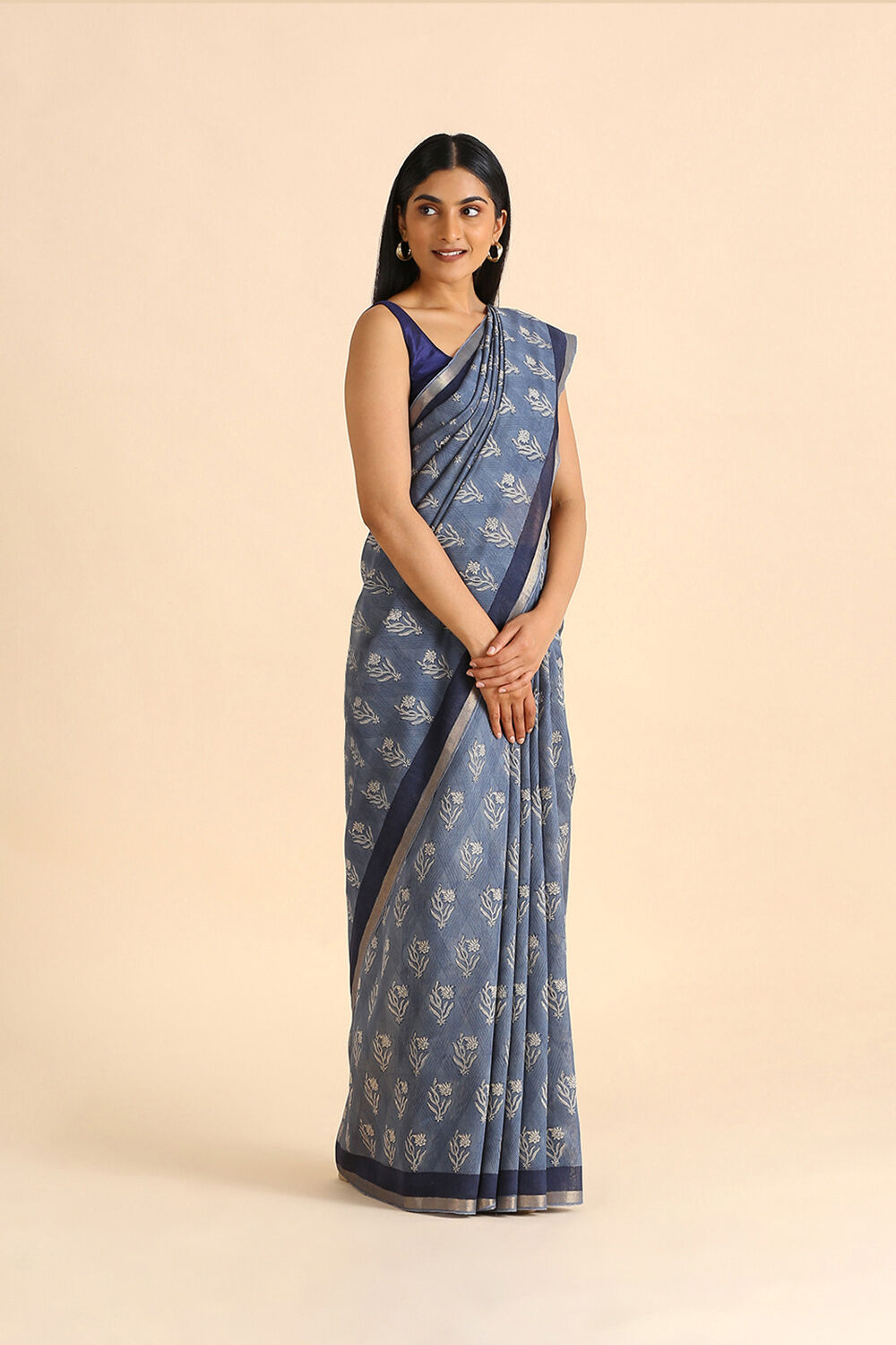 Light Blue Hand Blockprinted Pure Tussar Vanya Saree image number null