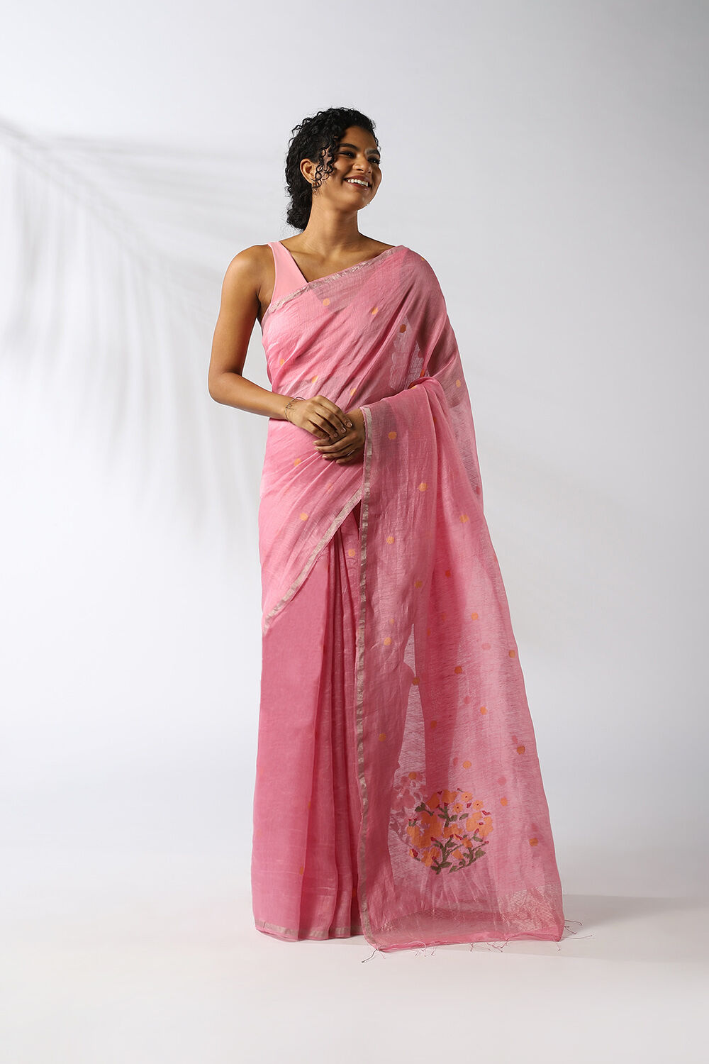 Pink Pure Silk Linen Jamdani Saree image number null