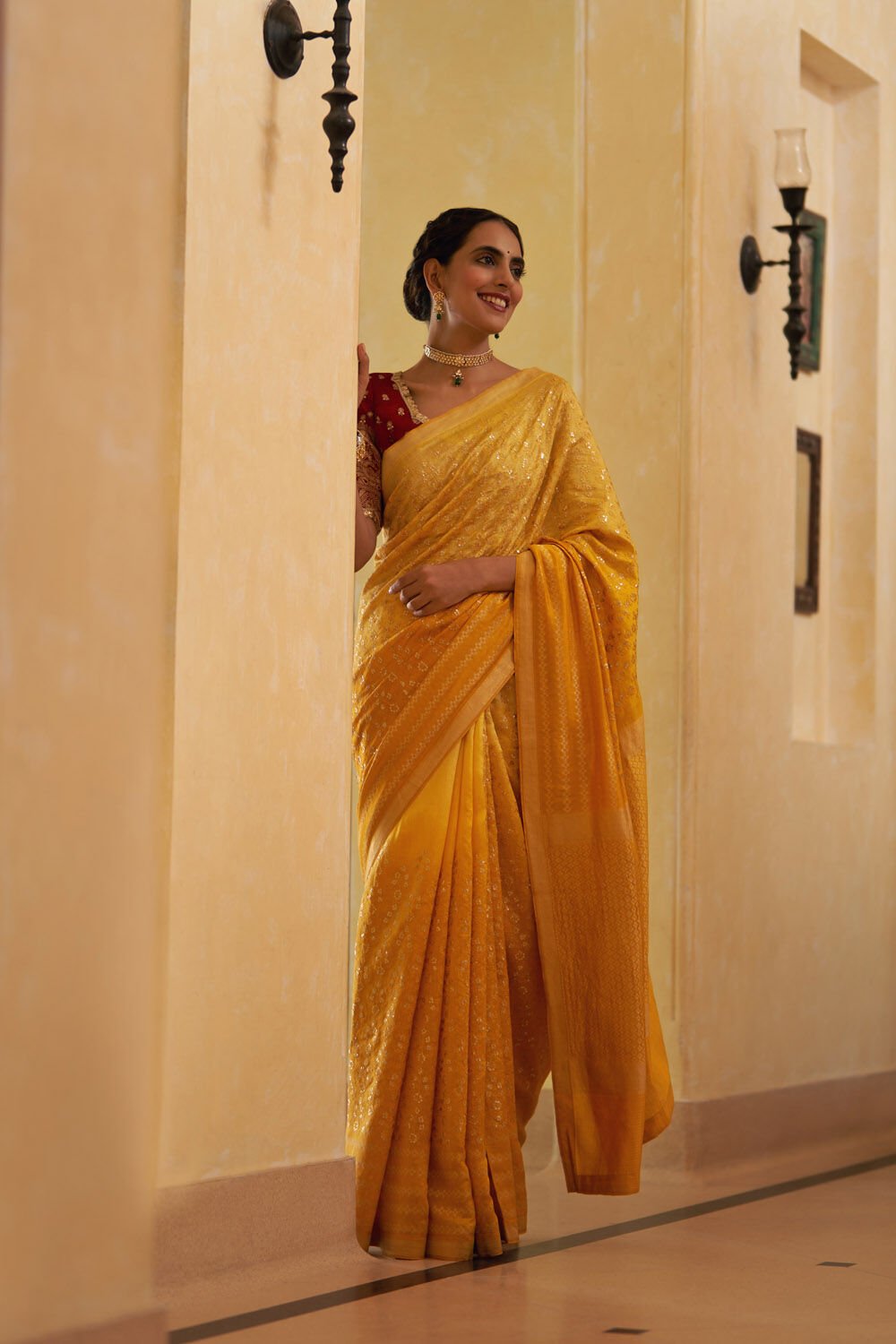 Yellow Pure Silk Organza Embroidery Banarasi Saree image number null