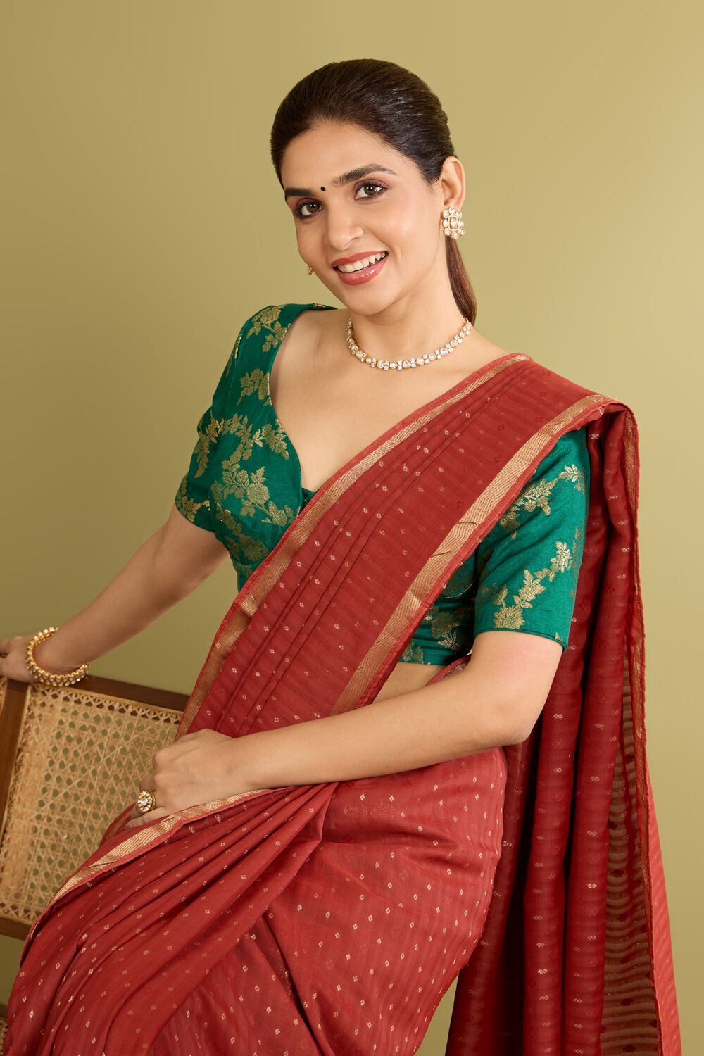 Dark Green Viscose Cutwork Blouse image number null