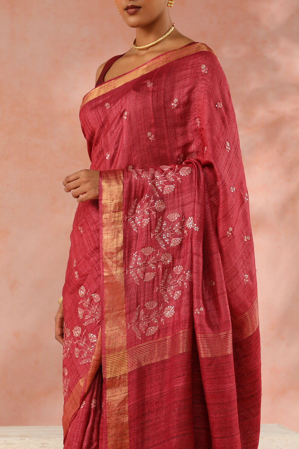 Maroon Contemporary Pure Tussar Silk Embroidery Saree image number null