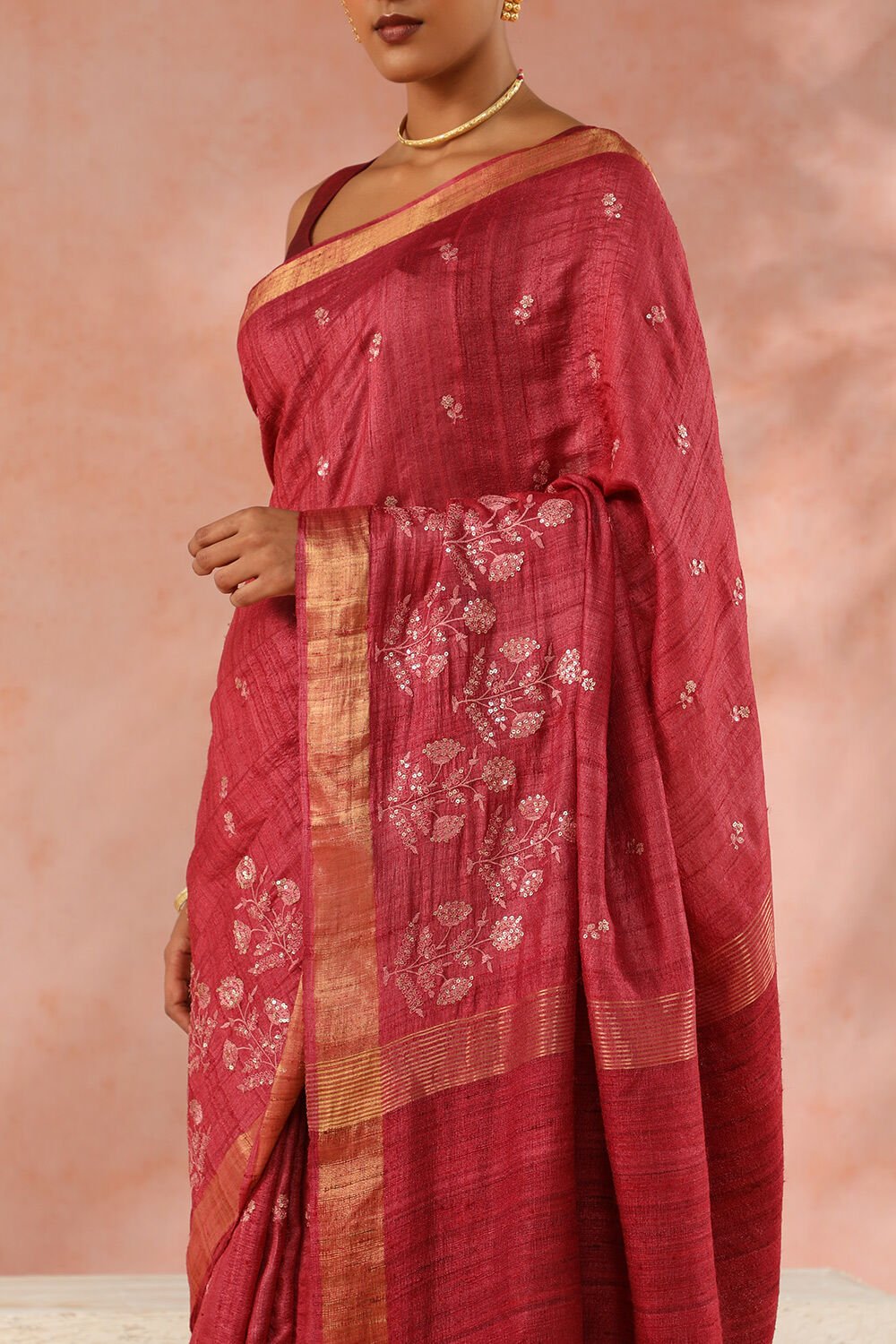 Maroon Contemporary Pure Tussar Silk Embroidery Saree image number null