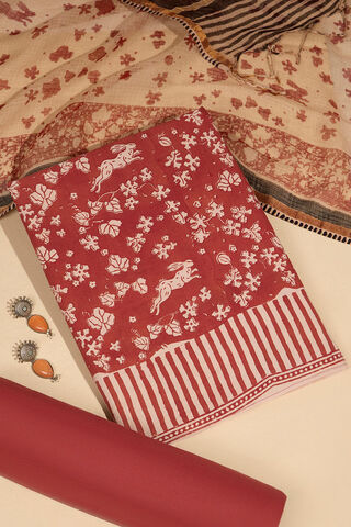 Dark Red Bagru Block Printed Pure Cotton Unstitched Suit Set
