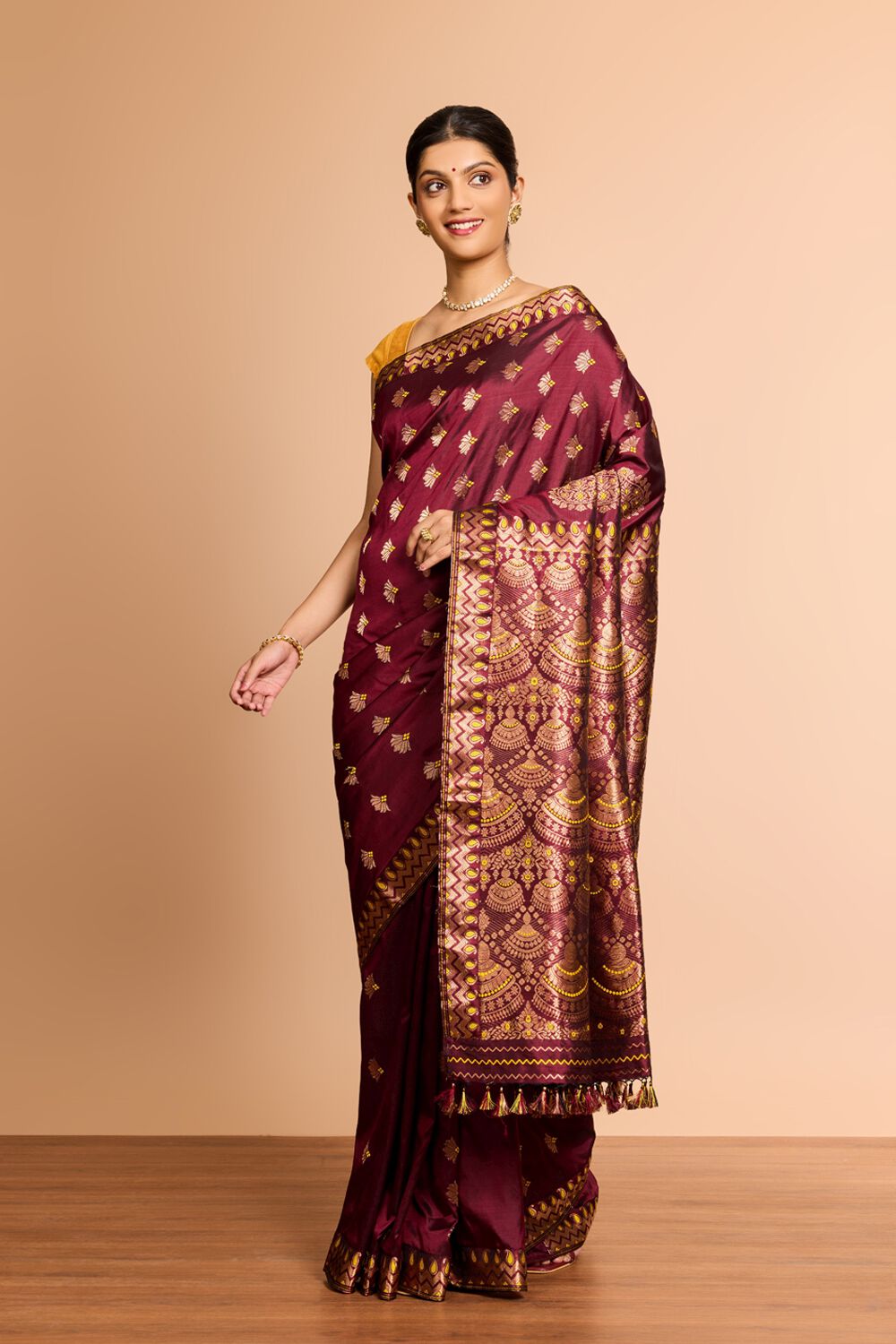 Dark Red Assam Woven Pure Silk Saree image number null