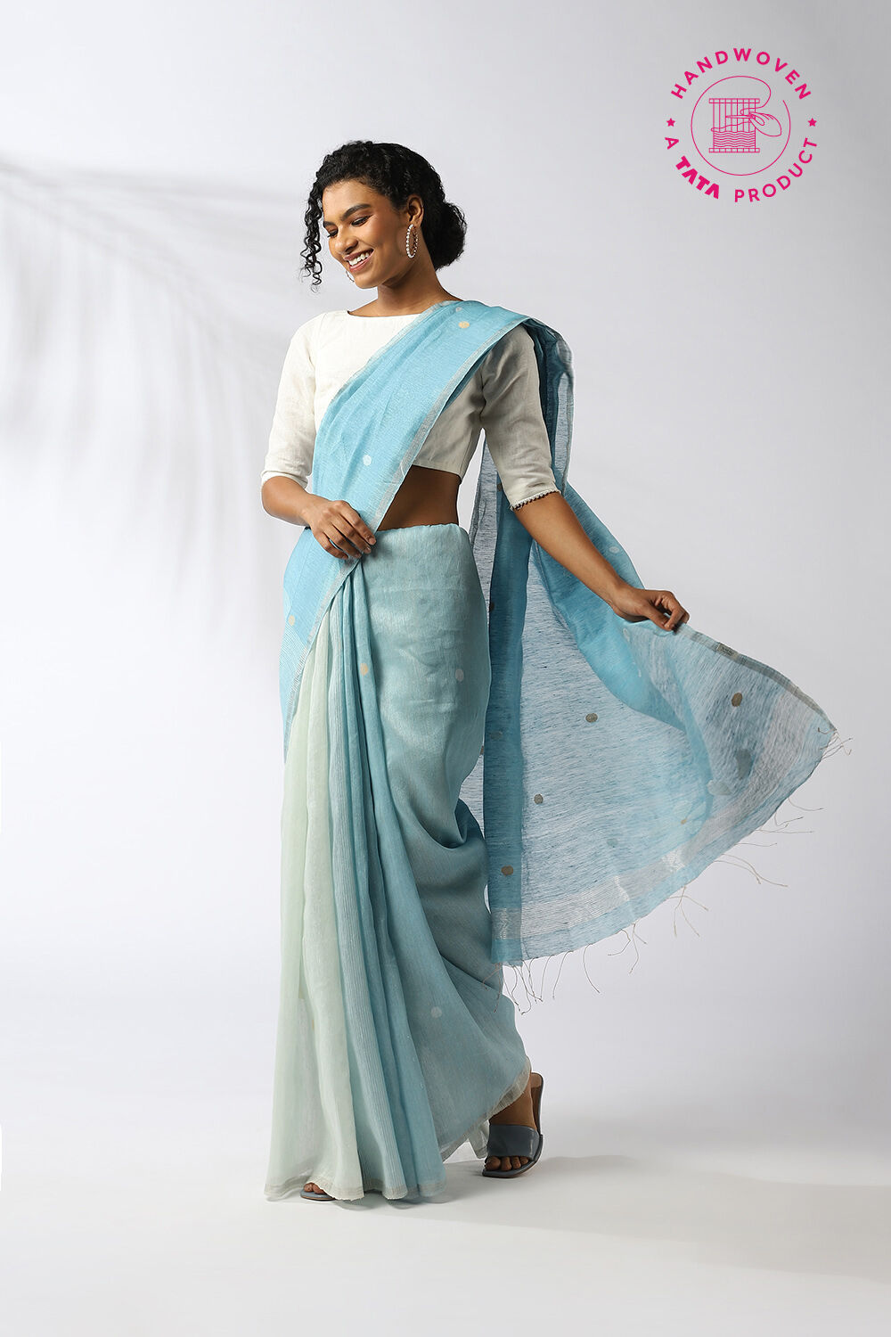 Light Blue Pure Silk Linen Jamdani Saree image number null