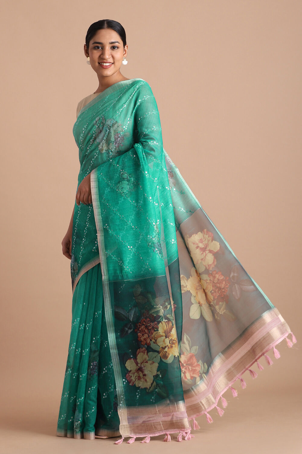 Light Pure Green Embroidered Saree image number null