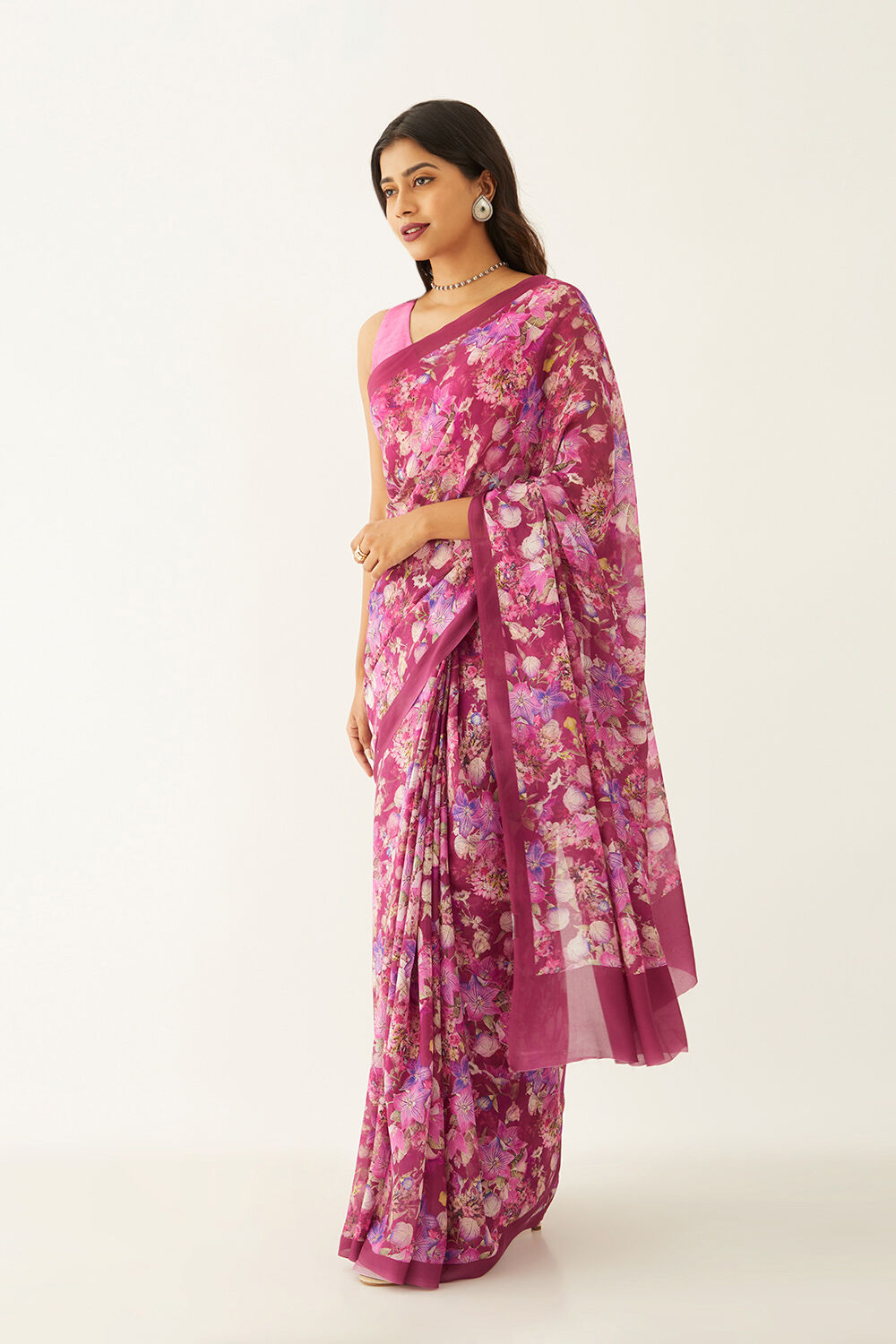 Purple Viscose Crepe Digital Print Saree image number null