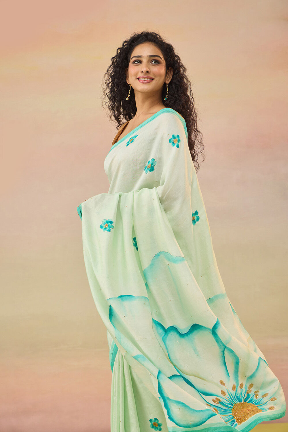 Light Blue Bengal Pure Silk Hand Painted Embroidered Saree image number null