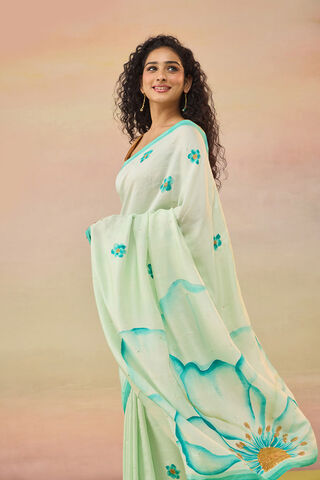 Light Blue Bengal Pure Silk Hand Painted Embroidered Saree thumbnail image number null