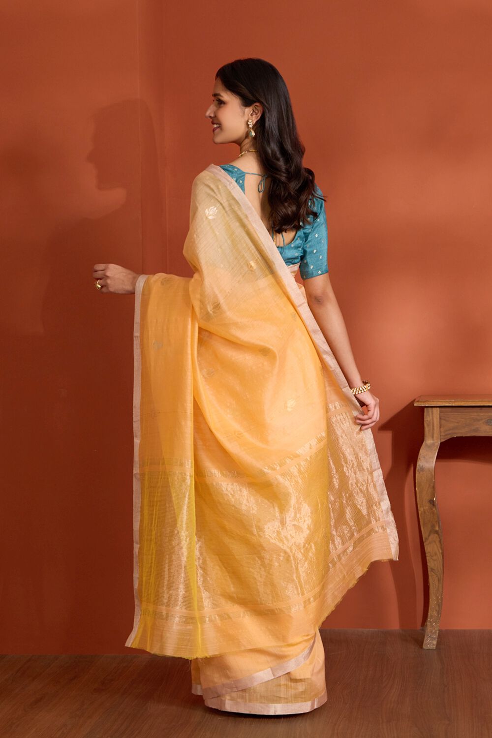 Light Orange Pure Silk Cotton Chanderi Woven Saree image number null