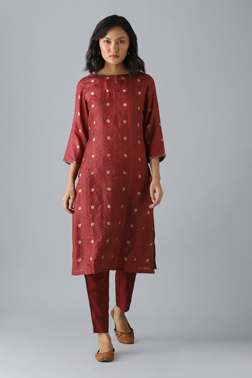 Dark Red Tussar Block Printed Kurta Set image number null
