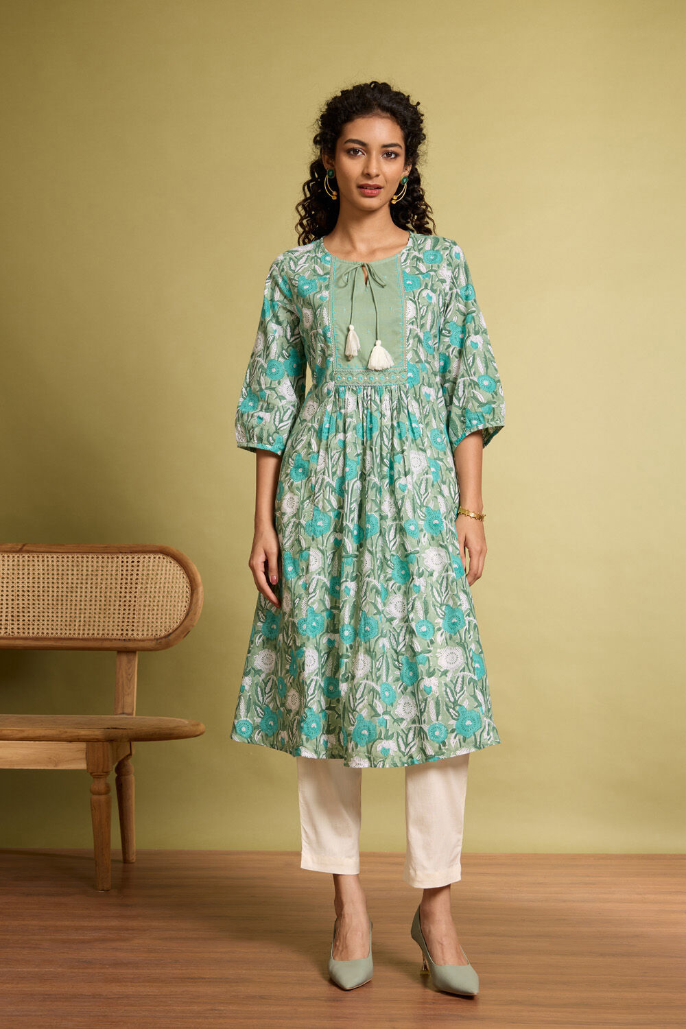 Light Green Printed Embroidery Pure Cotton Kurta image number null