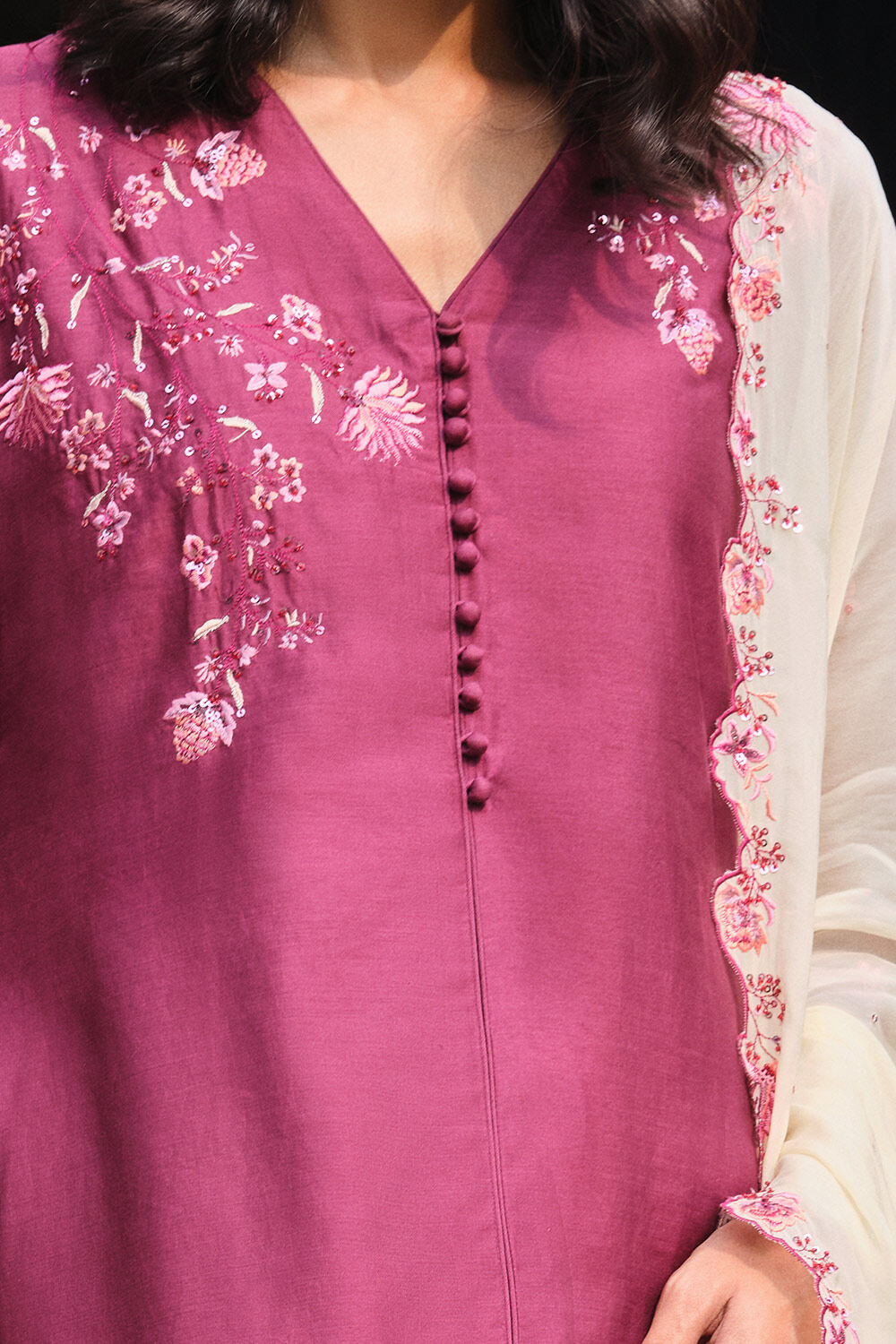 Purple Embroidered Silk Cotton Kurta Set image number null