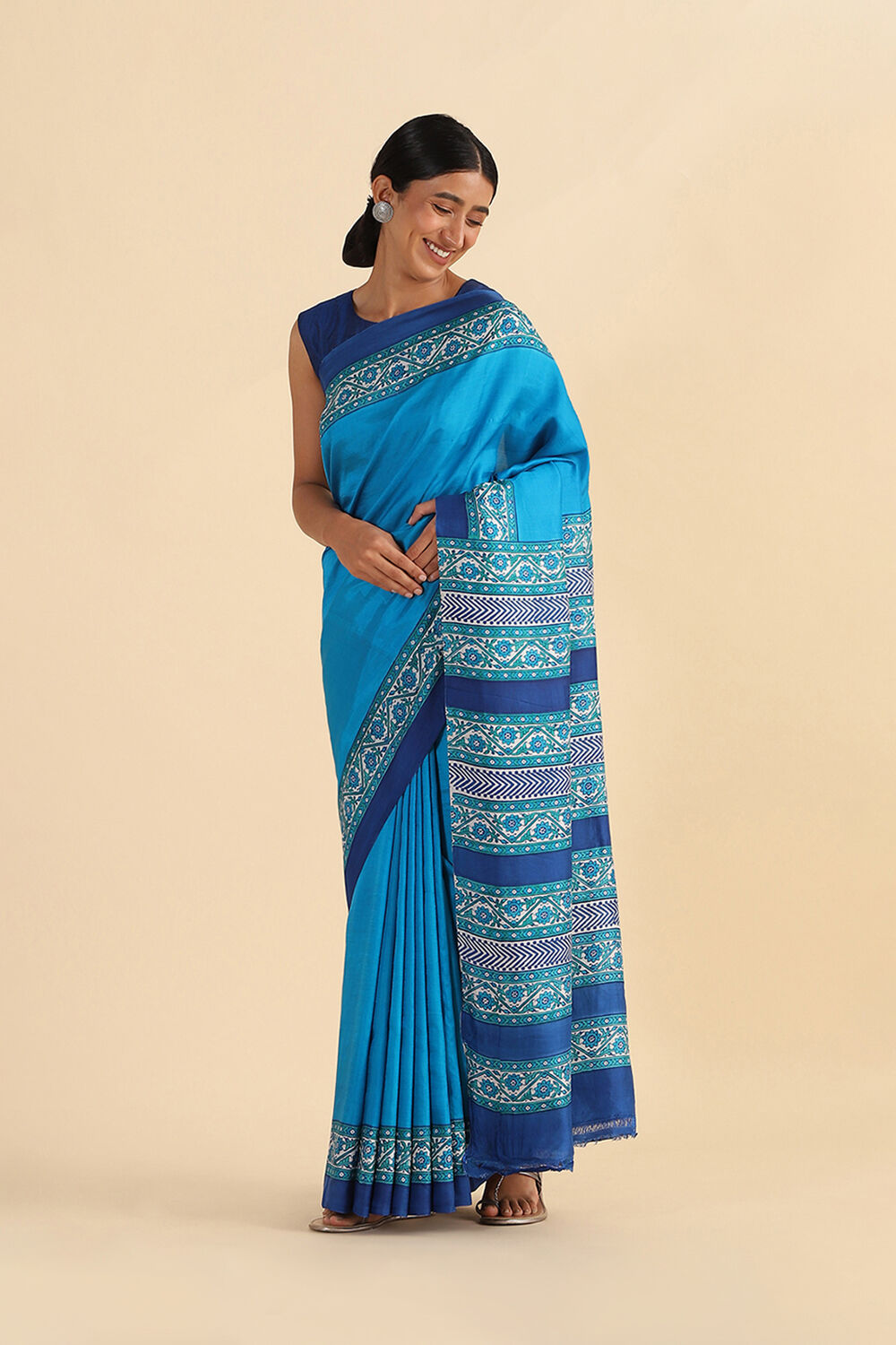 Blue Hand Blockprinted Pure Silk Saree image number null