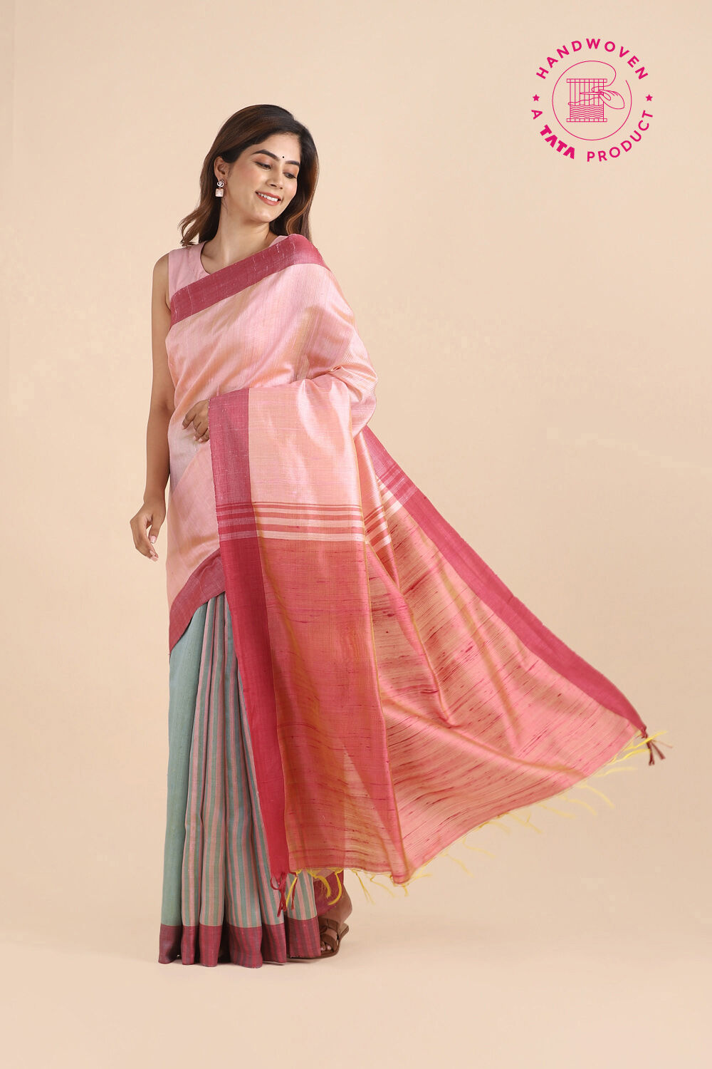Light Pink Pure Tussar Silk Bhagalpuri Saree image number null