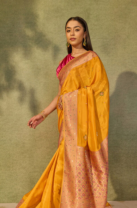 Yellow Embroidered Pure Viscose Saree