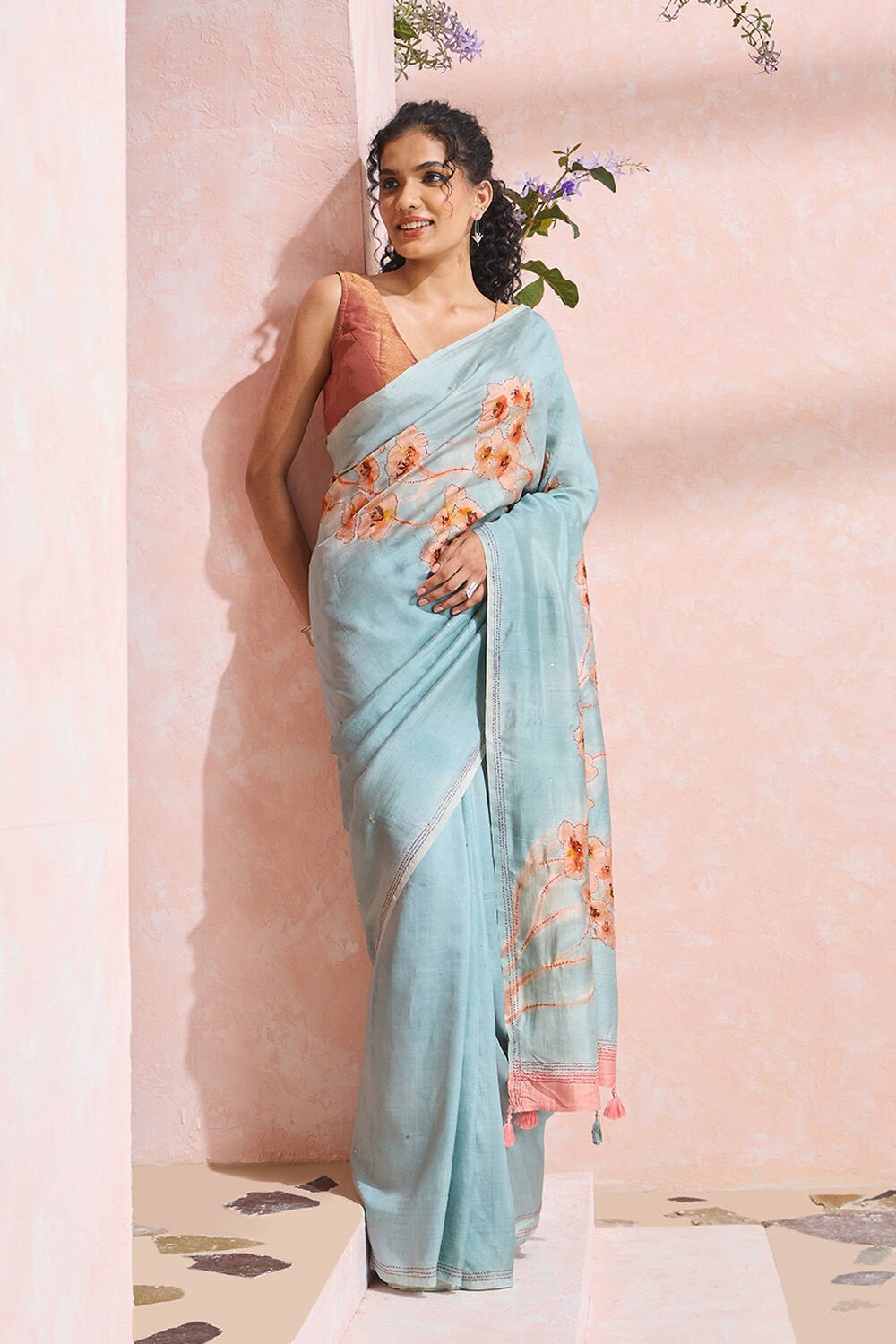 Light Blue Bengal Pure Silk Hand Painted Saree image number null